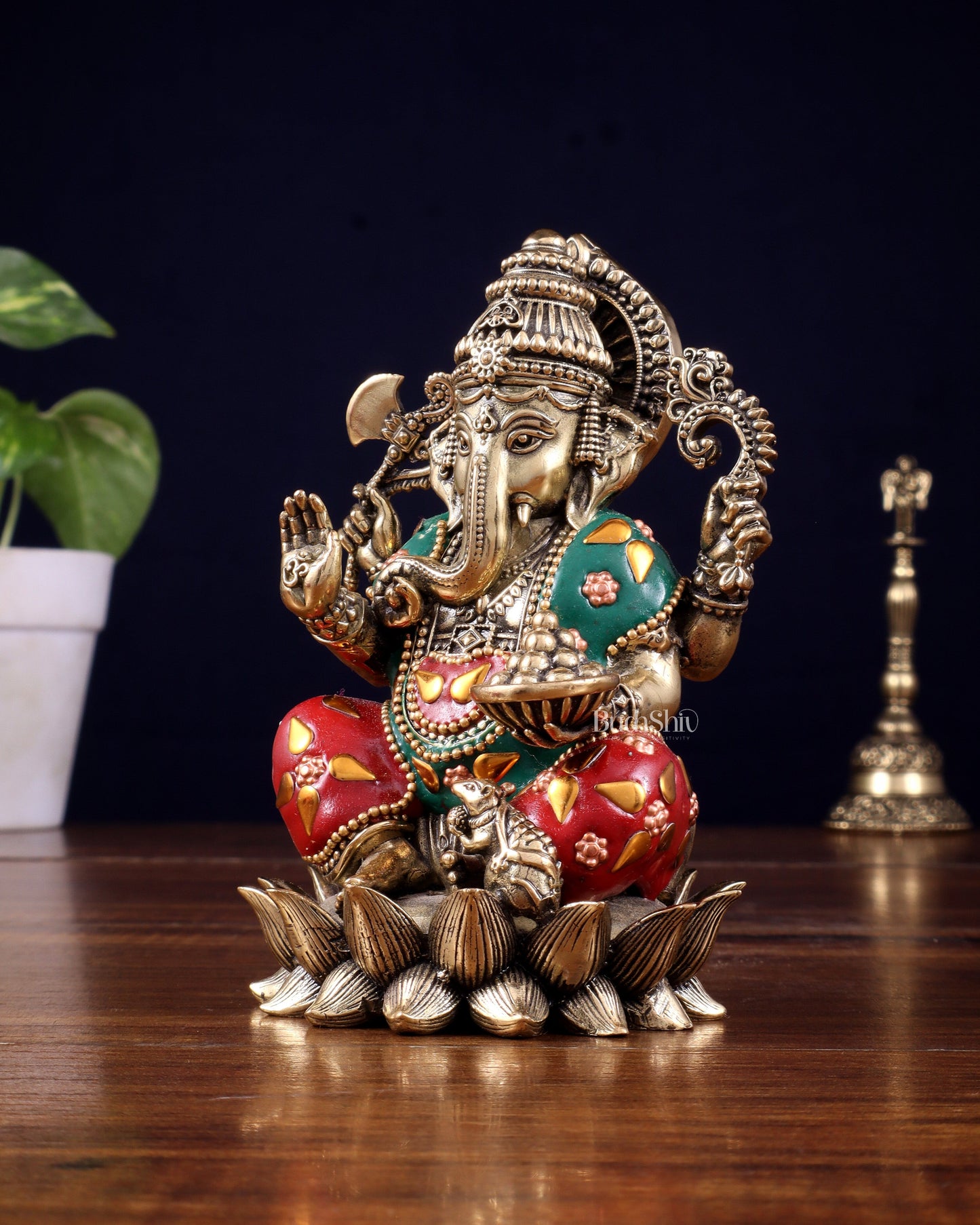 Brass Superfine Intricately Carved Small Right trunk Ganesha Idol with meenakari Stonework - 5" Tall