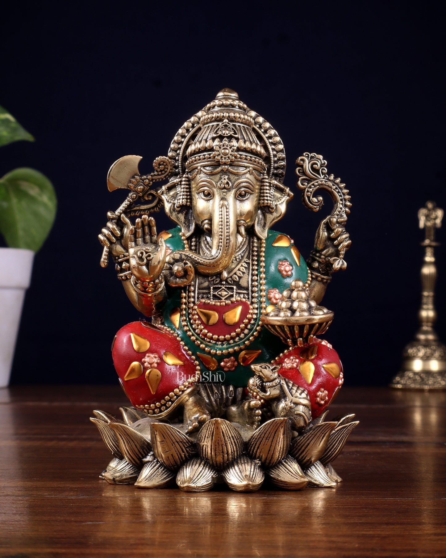 Brass Superfine Intricately Carved Small Right trunk Ganesha Idol with meenakari Stonework - 5" Tall