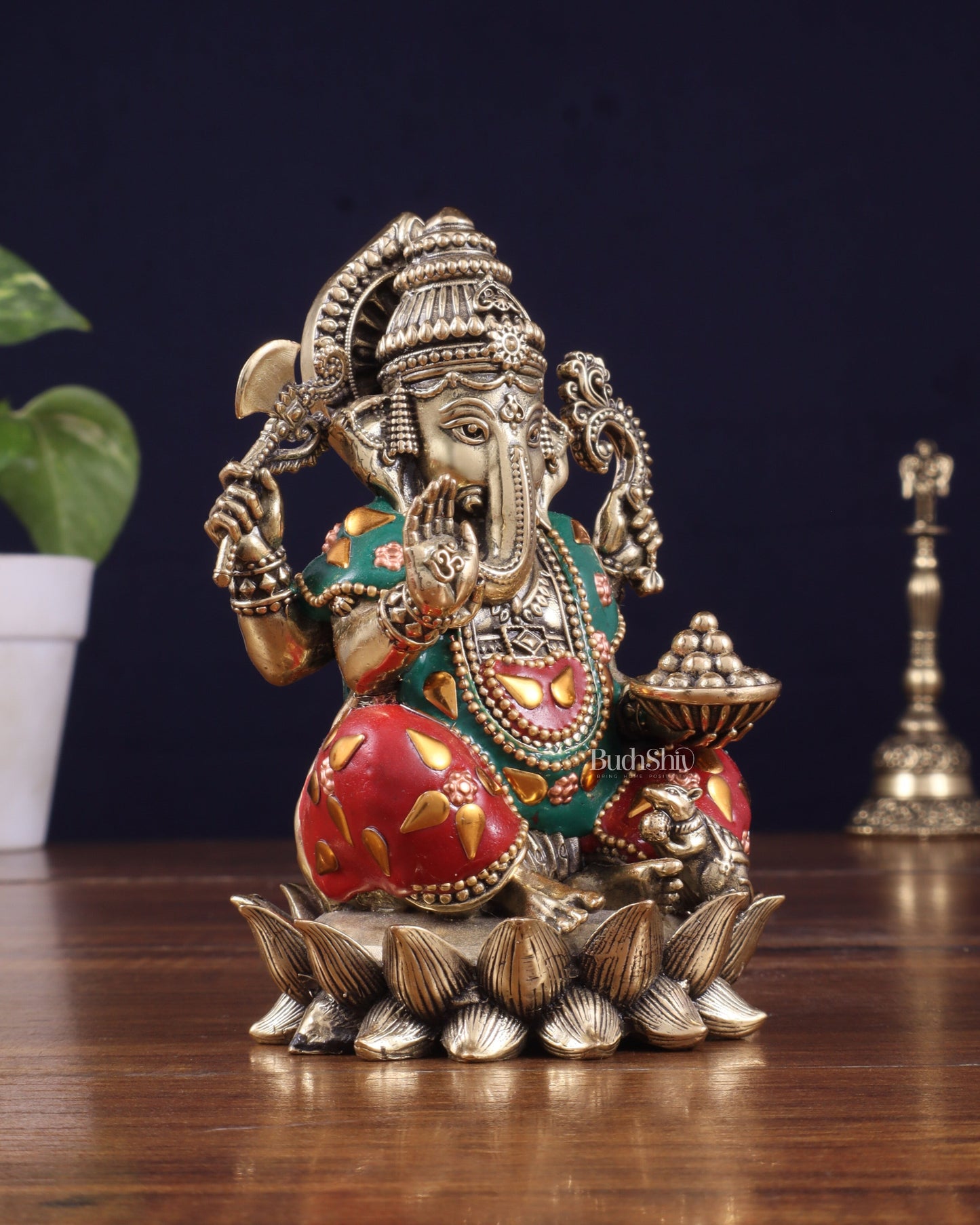 Brass Superfine Intricately Carved Small Right trunk Ganesha Idol with meenakari Stonework - 5" Tall