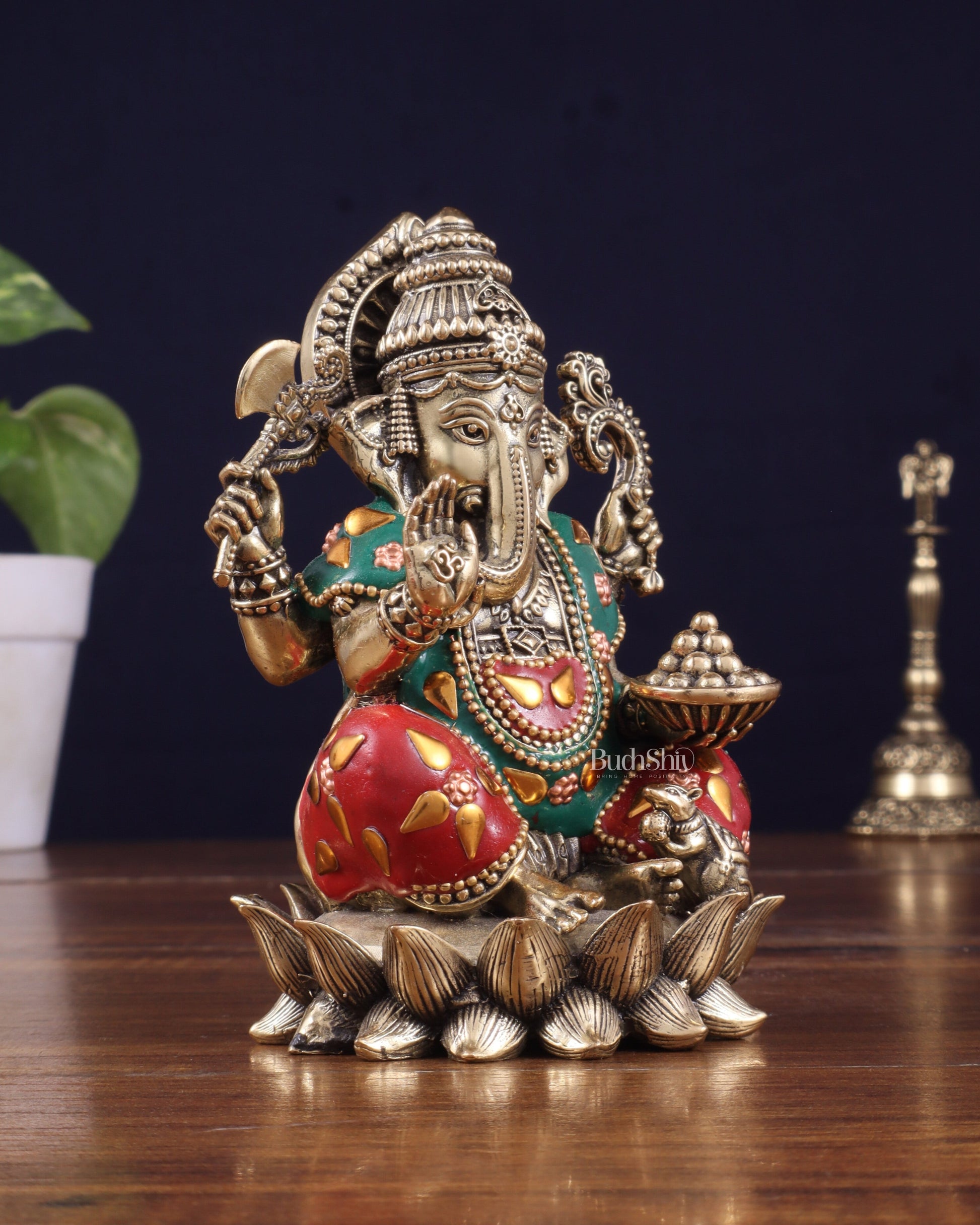 Brass Superfine Intricately Carved Small Right trunk Ganesha Idol with meenakari Stonework - 5" Tall