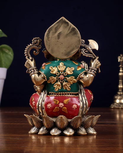 Brass Superfine Intricately Carved Small Right trunk Ganesha Idol with meenakari Stonework - 5" Tall