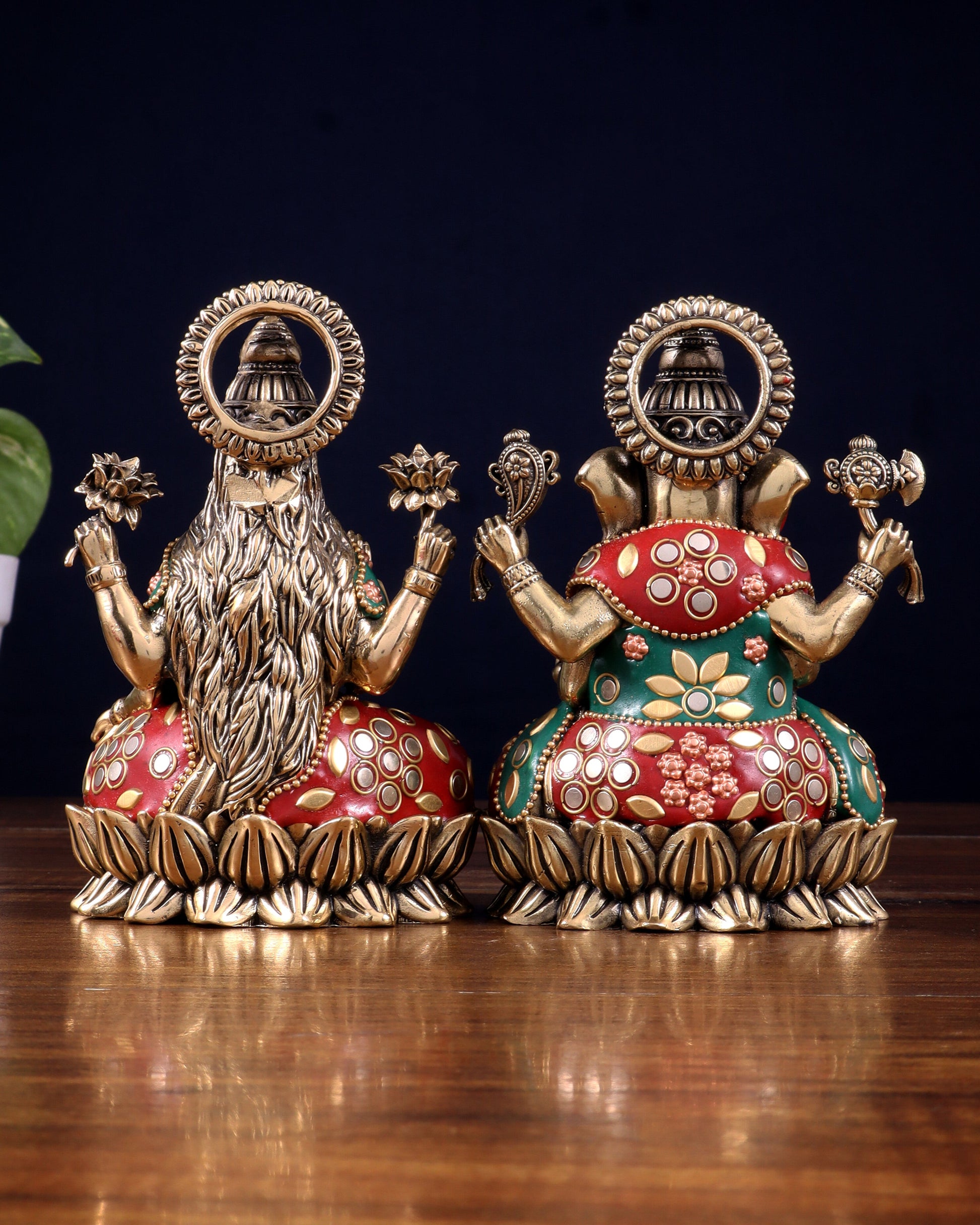 Pure Brass Intricate Ganesha Lakshmi Idols - meenakari Stonework  - 5 inch