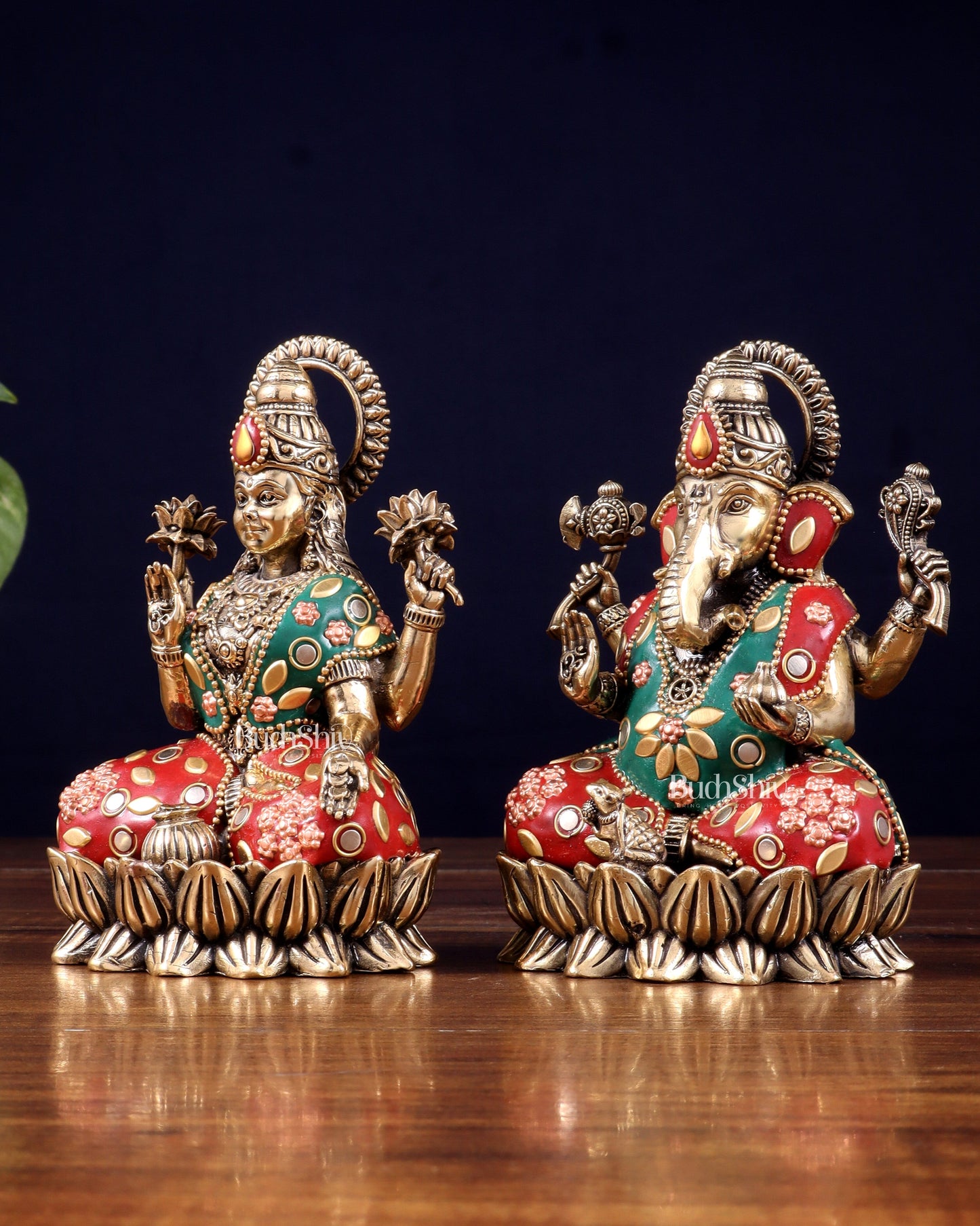 Pure Brass Intricate Ganesha Lakshmi Idols - meenakari Stonework  - 5 inch