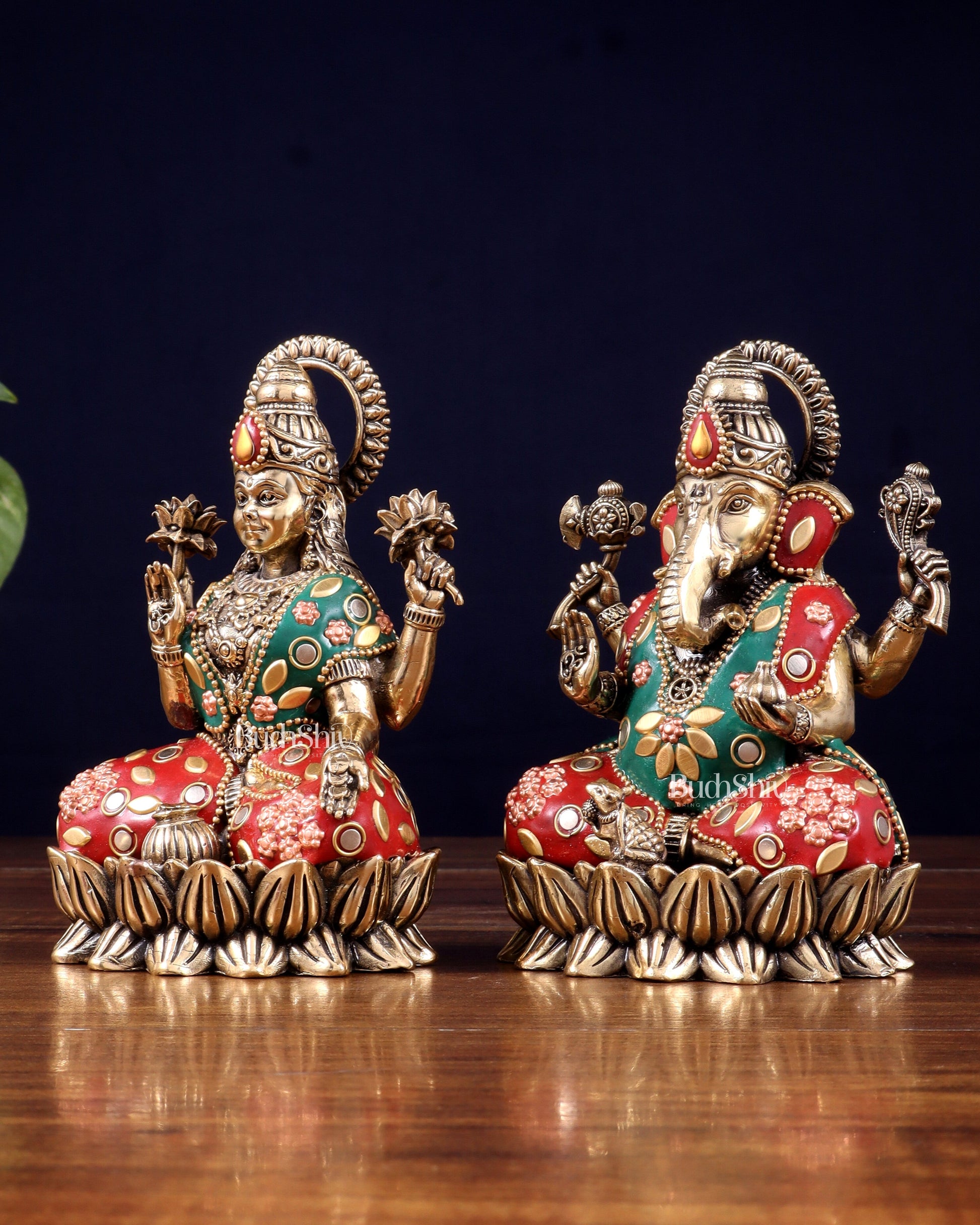 Pure Brass Intricate Ganesha Lakshmi Idols - meenakari Stonework  - 5 inch
