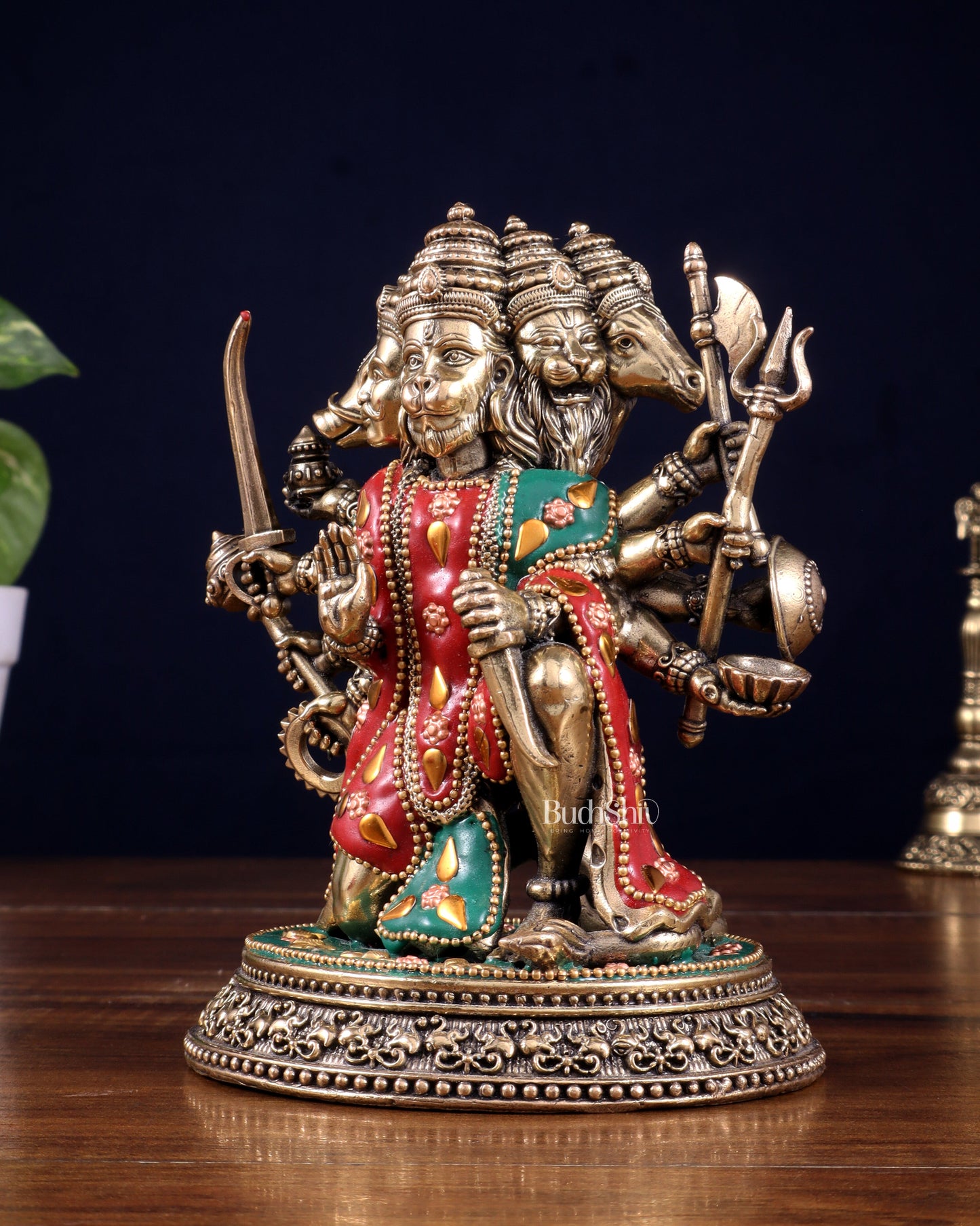 Intricate Superfine Brass Panchmukhi Hanuman Idol with meenakari Stonework- 7" Tall