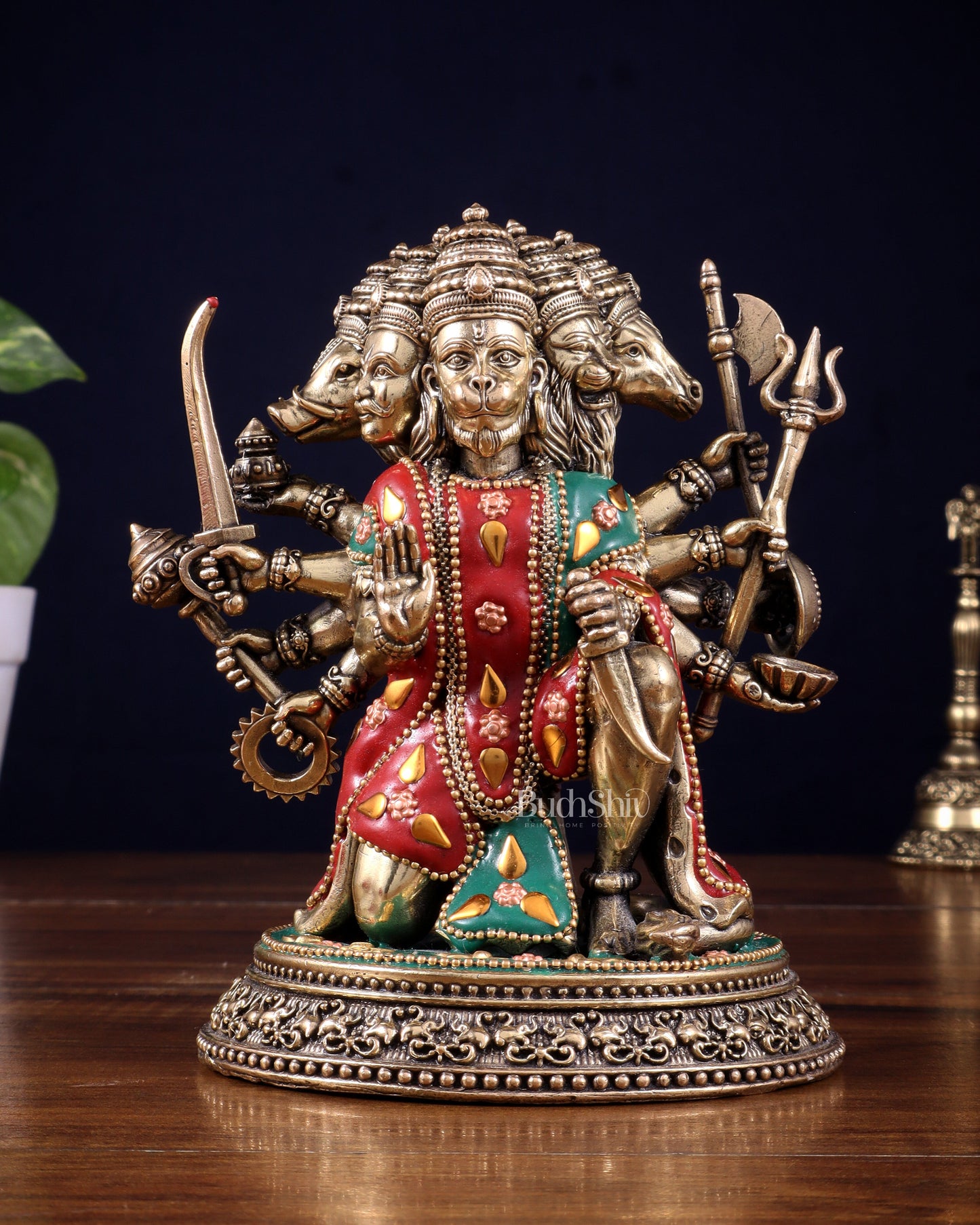 Intricate Superfine Brass Panchmukhi Hanuman Idol with meenakari Stonework- 7" Tall