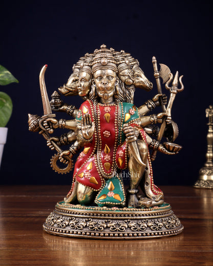 Intricate Superfine Brass Panchmukhi Hanuman Idol with meenakari Stonework- 7" Tall