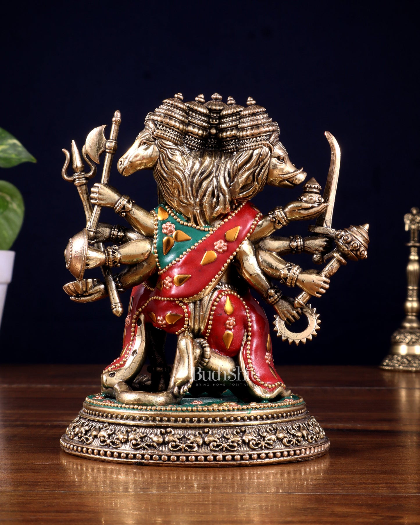 Intricate Superfine Brass Panchmukhi Hanuman Idol with meenakari Stonework- 7" Tall
