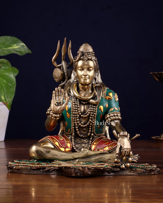 Brass Superfine Lord Shiva Statue 6.5" meenakari Stonework