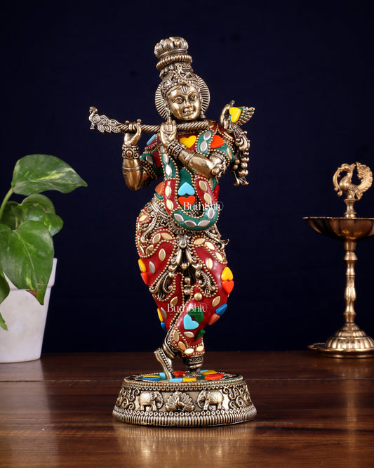 Brass Superfine Lord Krishna Idol with Meenakari Stonework – 9.5 Inch