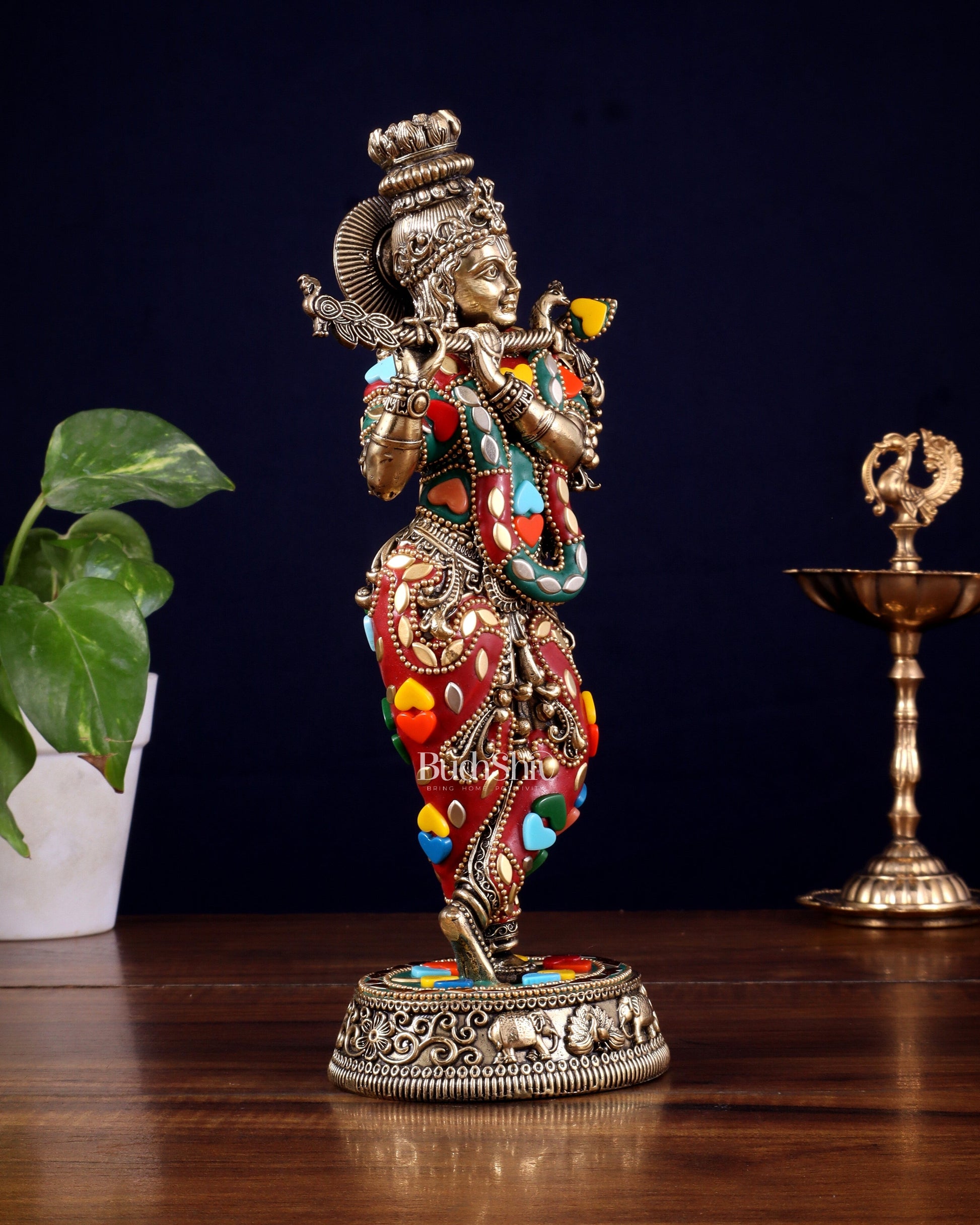 Brass Superfine Lord Krishna Idol with Meenakari Stonework – 9.5 Inch