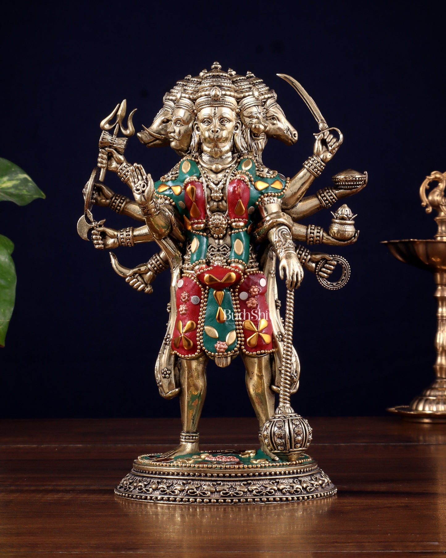 Brass Superfine Standing Panchmukhi Hanuman Idol 8" meenakari Stonework