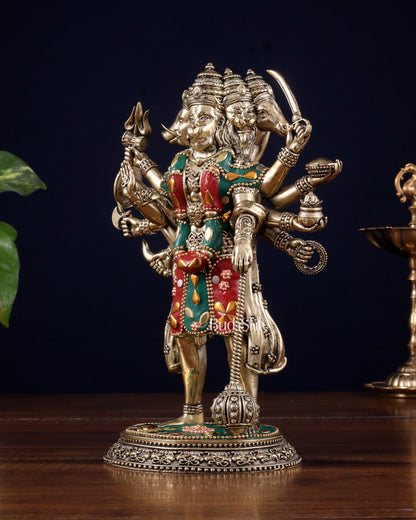 Brass Superfine Standing Panchmukhi Hanuman Idol 8" meenakari Stonework