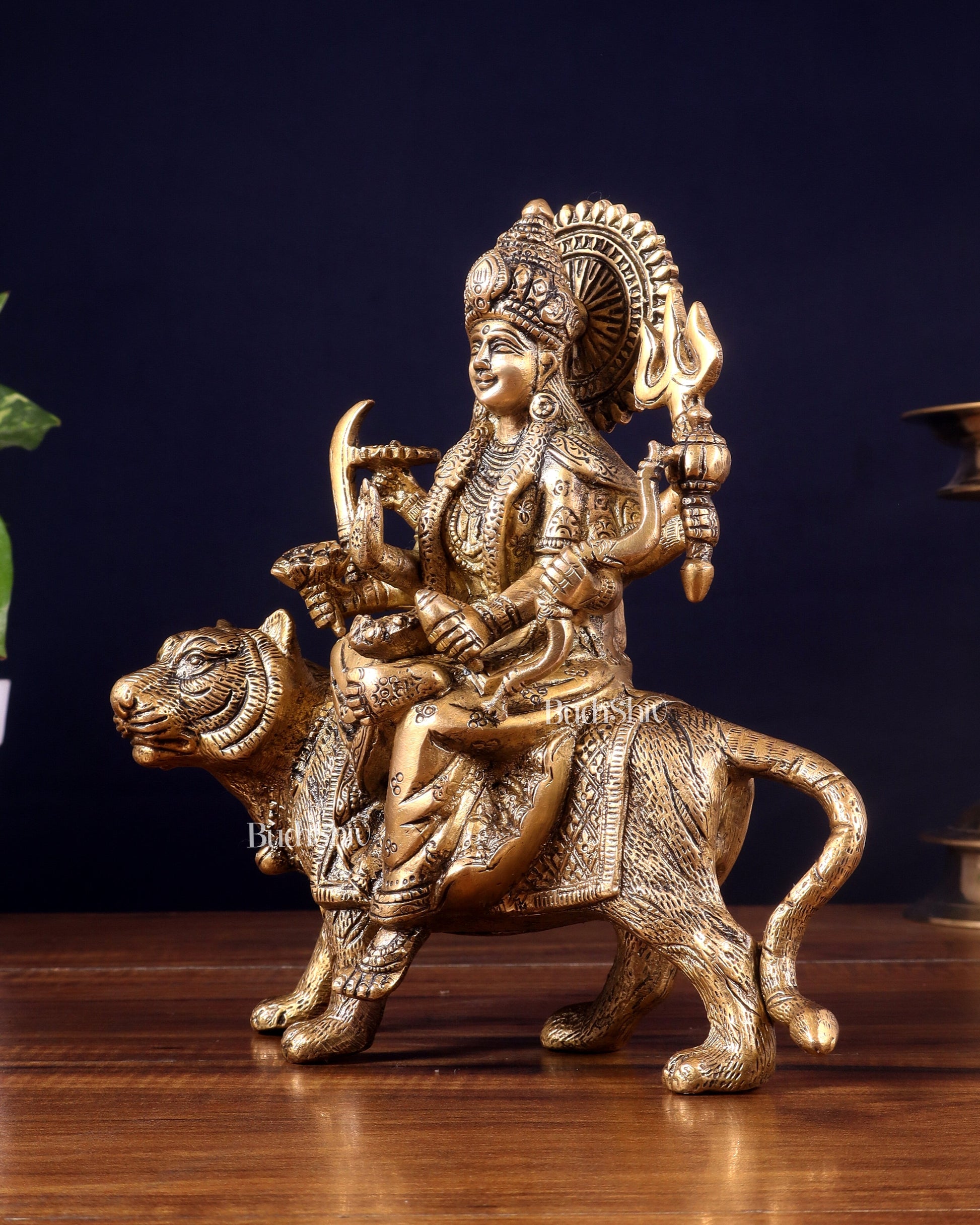 Pure Brass Goddess Durga on tiger Idol - 9" |