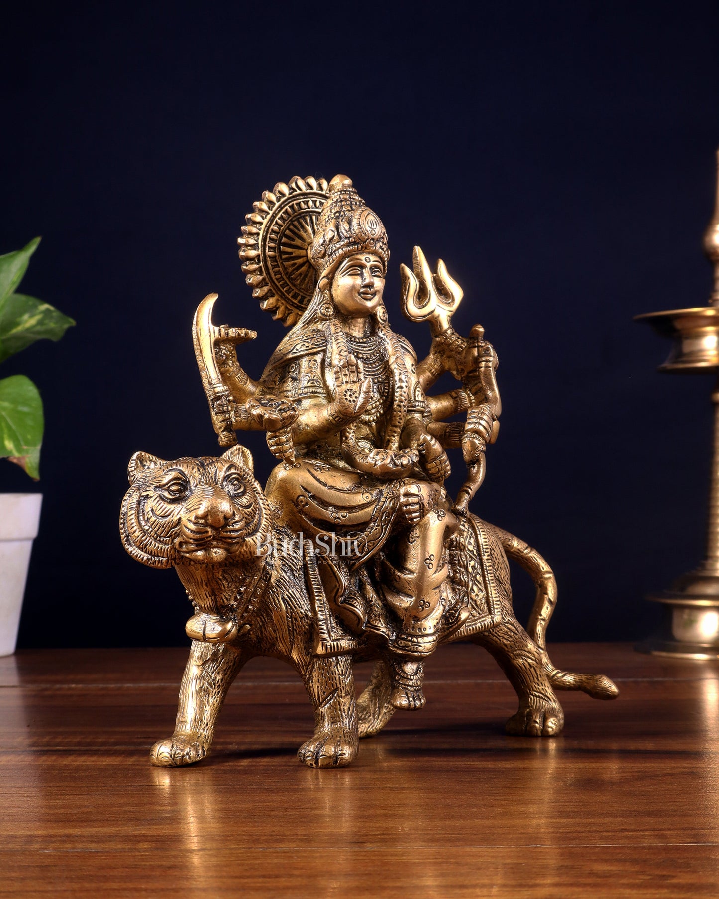 Pure Brass Goddess Durga on tiger Idol - 9" |