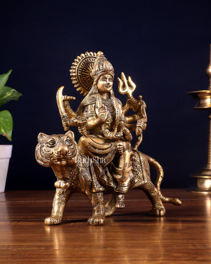 Pure Brass Goddess Durga on tiger Idol - 9" |