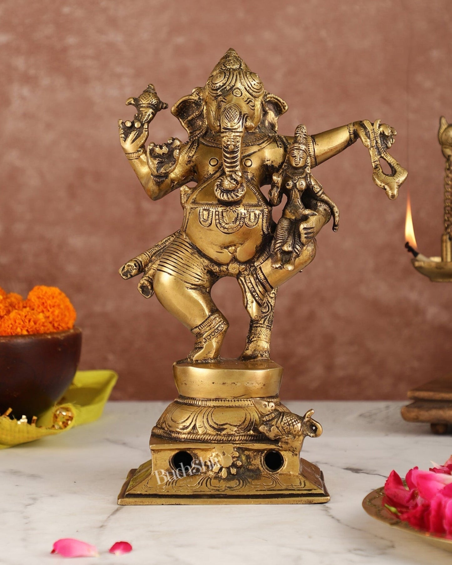 Brass Dancing Ganesha with Siddhi Idol | 10.5" Height | Divine Harmony