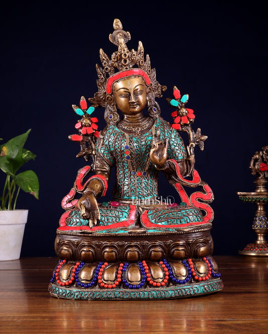 Vintage Brass white Tara Statue with copper wire work meenakari| 14 inches Height