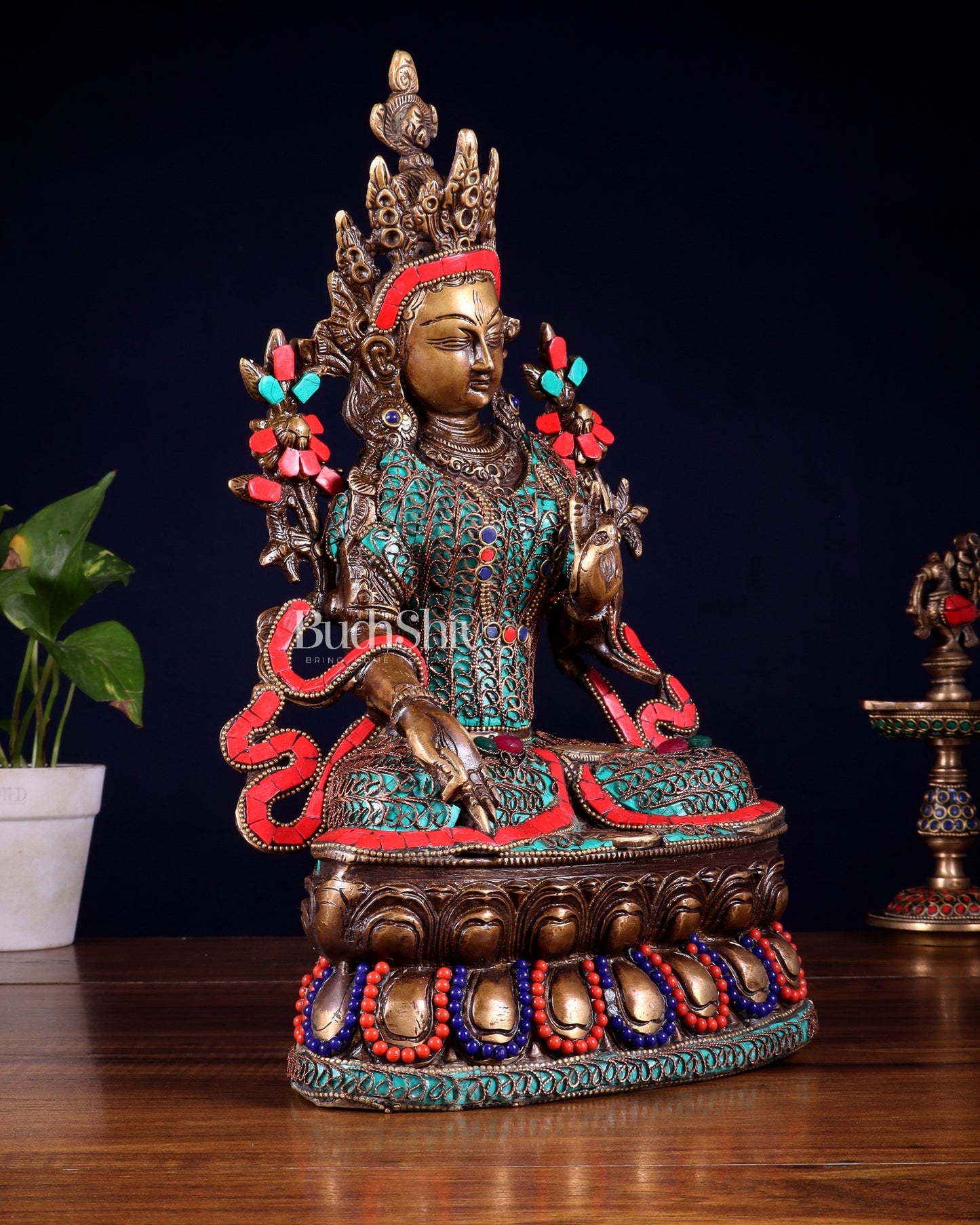 Vintage Brass white Tara Statue with copper wire work meenakari| 14 inches Height