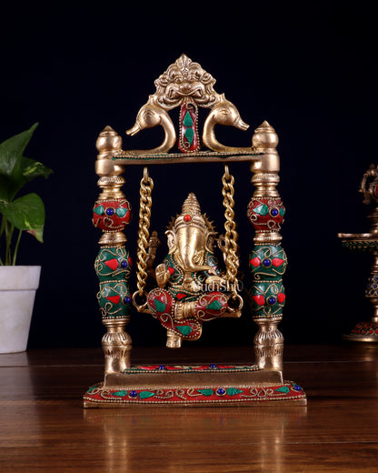 Pure Brass Ganesha on Swing with Floral Stonework – 8 Inch