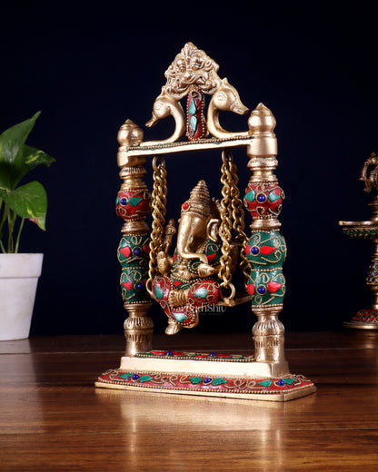 Pure Brass Ganesha on Swing with Floral Stonework – 8 Inch