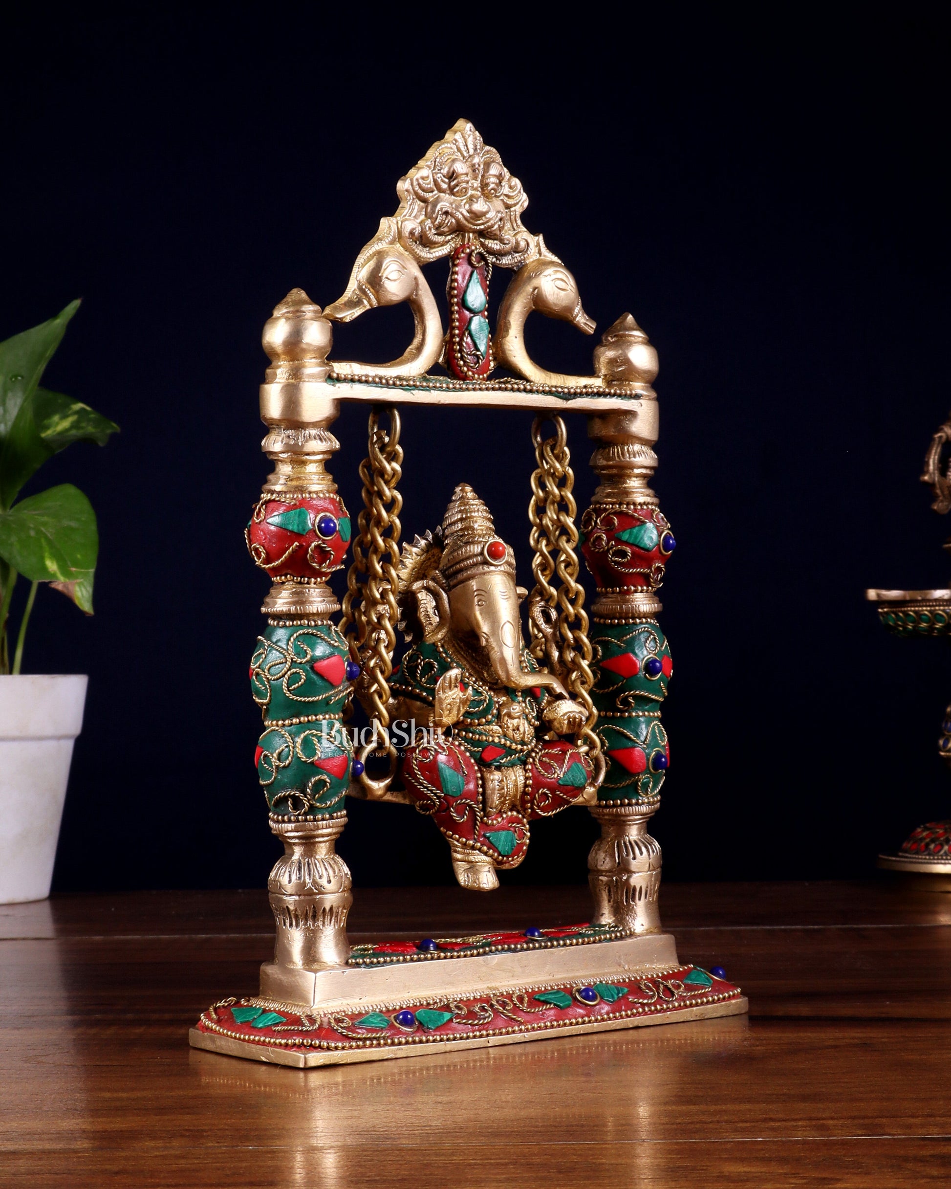 Pure Brass Ganesha on Swing with Floral Stonework – 8 Inch