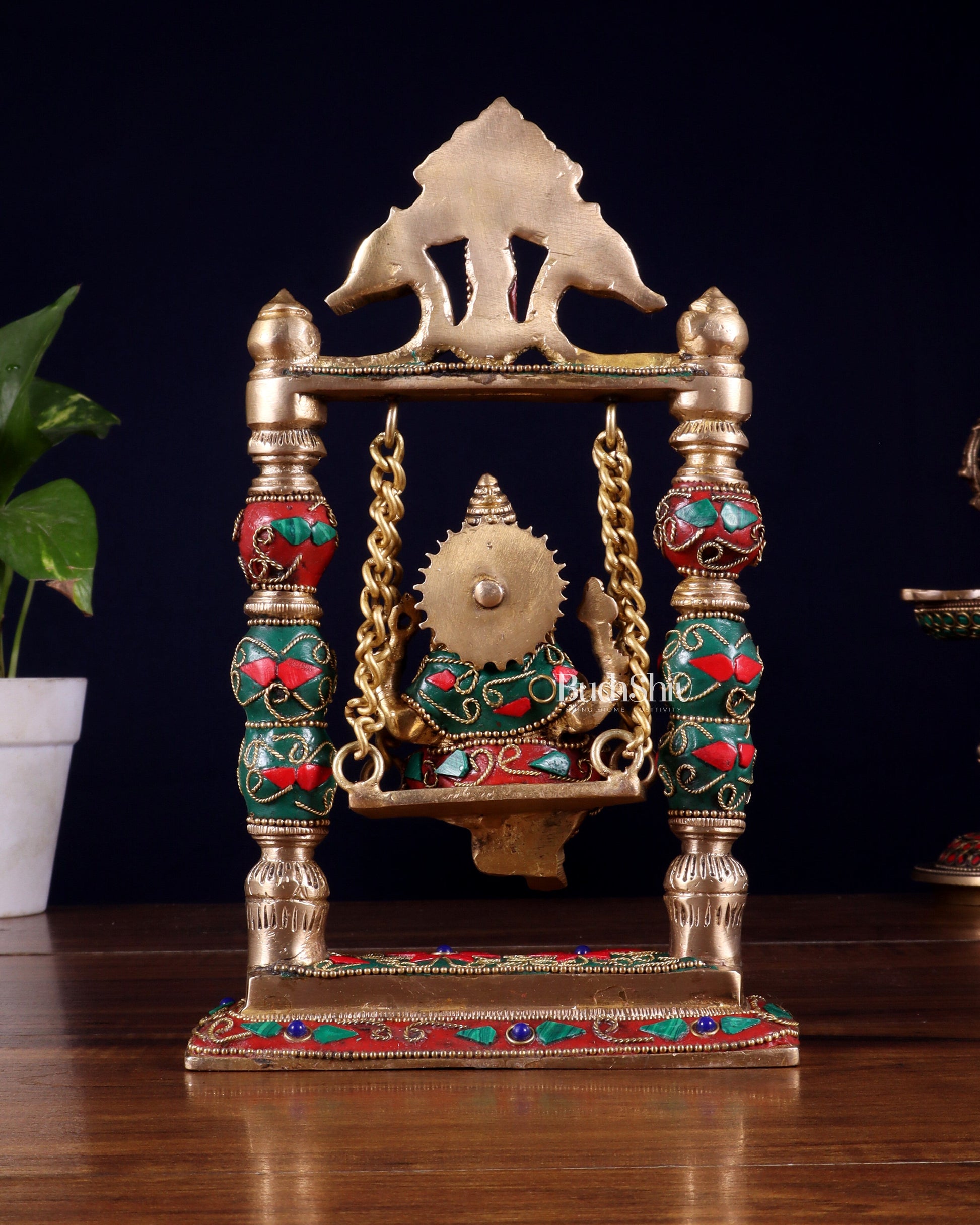 Pure Brass Ganesha on Swing with Floral Stonework – 8 Inch