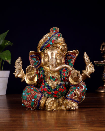Brass Ganesha statue multicolour 7.5 inch Pagdi ganesh