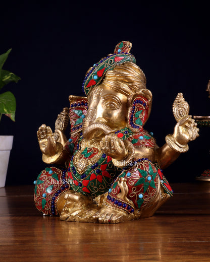 Brass Ganesha statue multicolour 7.5 inch Pagdi ganesh