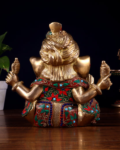 Brass Ganesha statue multicolour 7.5 inch Pagdi ganesh