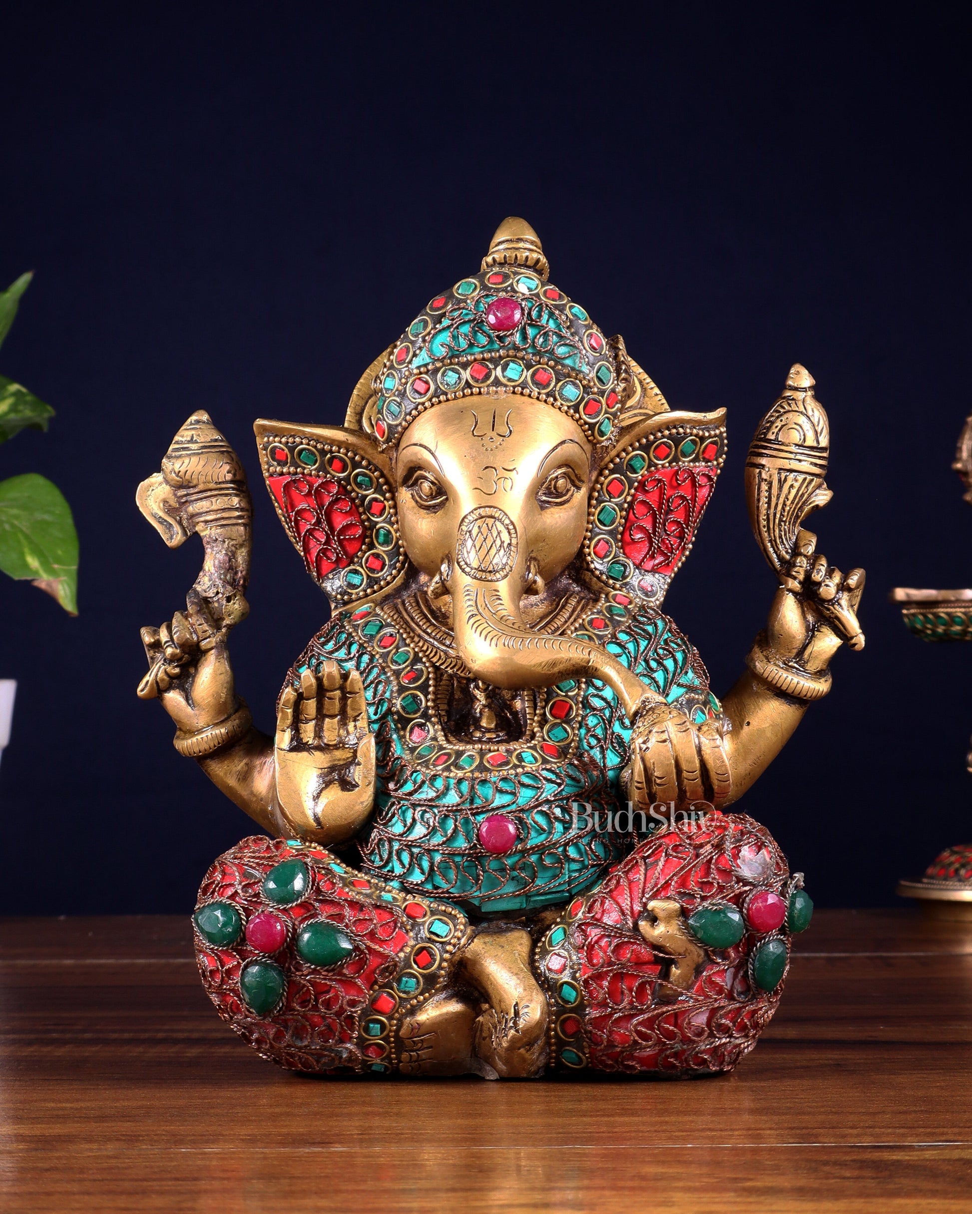 Vintage Brass Ganesha Idol with Nepalese meenakari- 8 Inch