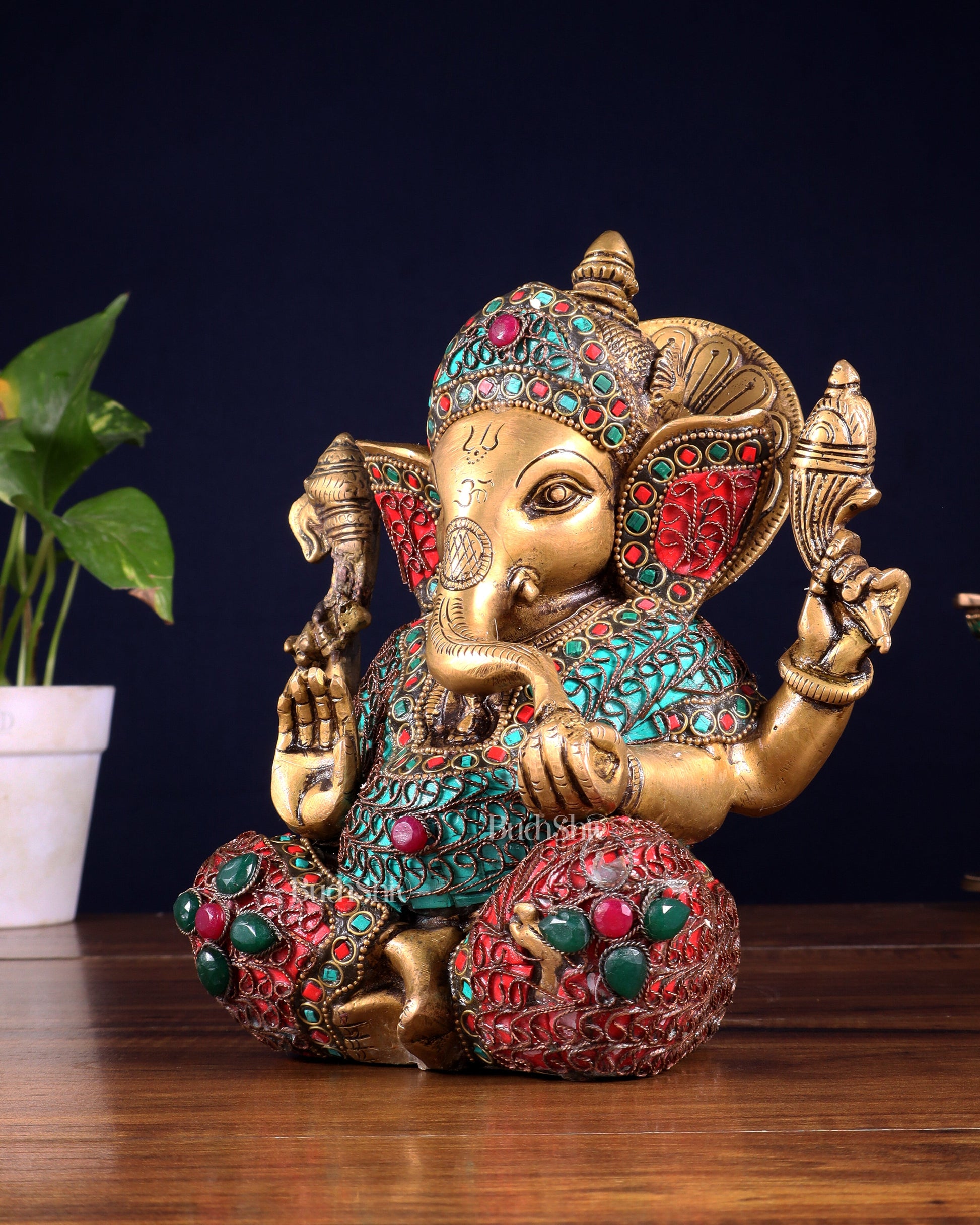 Vintage Brass Ganesha Idol with Nepalese meenakari- 8 Inch