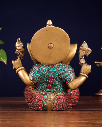Vintage Brass Ganesha Idol with Nepalese meenakari- 8 Inch