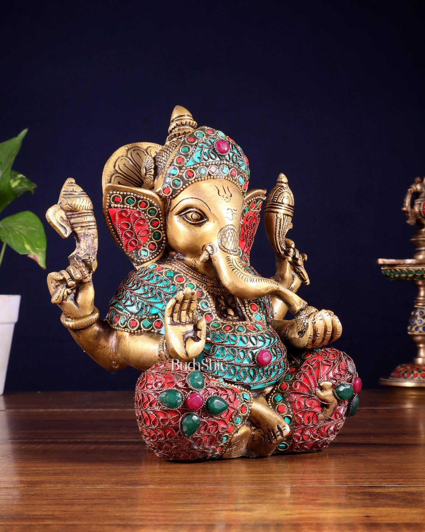 Vintage Brass Ganesha Idol with Nepalese meenakari- 8 Inch