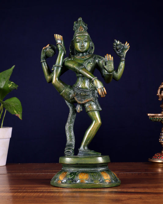 Brass Dancing Shiva Rudratandava Sculpture green tone 12 inch