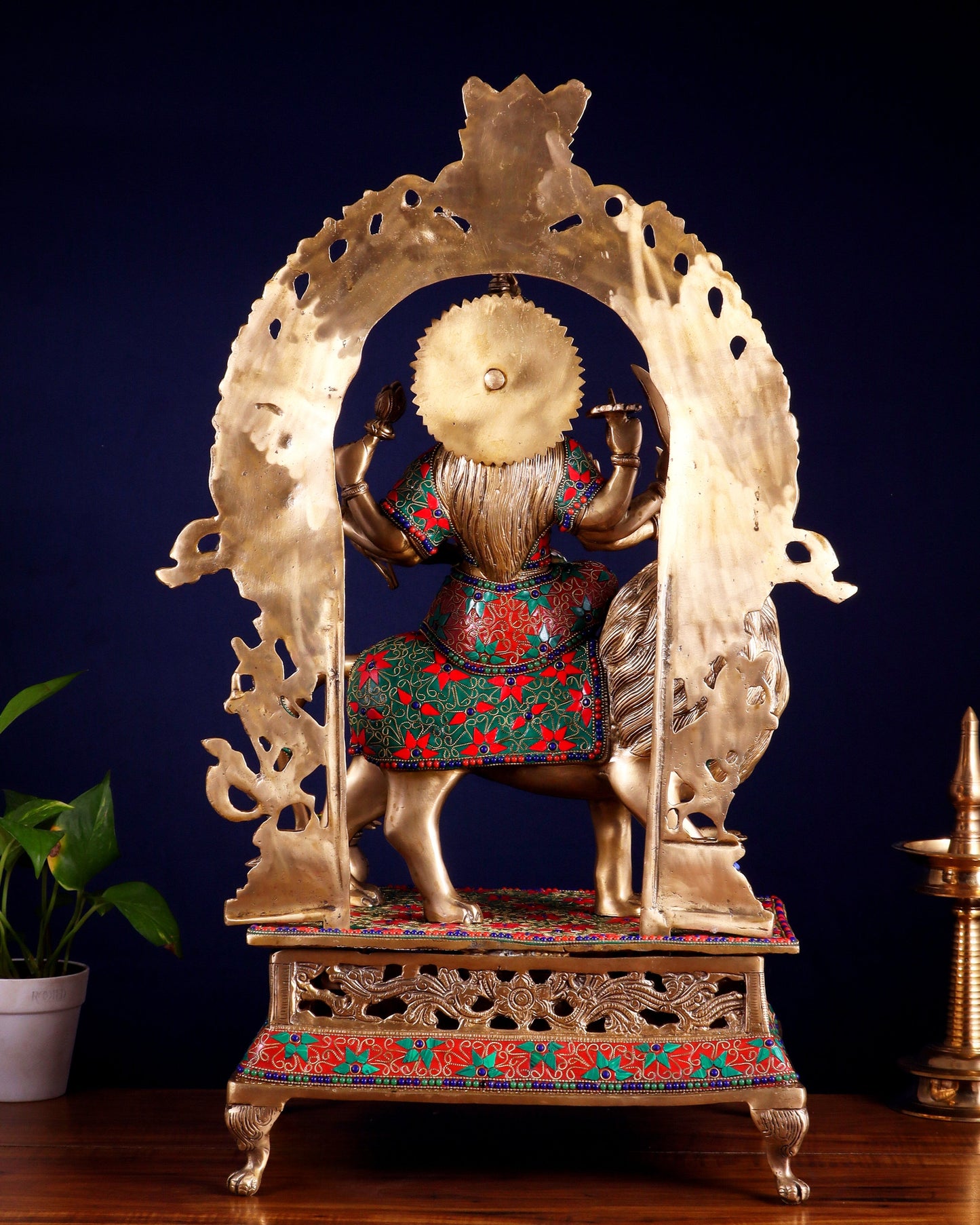 Pure Superfine Brass Goddess Durga Statue with Floral Stonework – 26.5 Inch