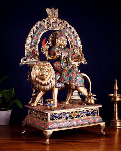 Pure Superfine Brass Goddess Durga Statue with Floral Stonework – 26.5 Inch