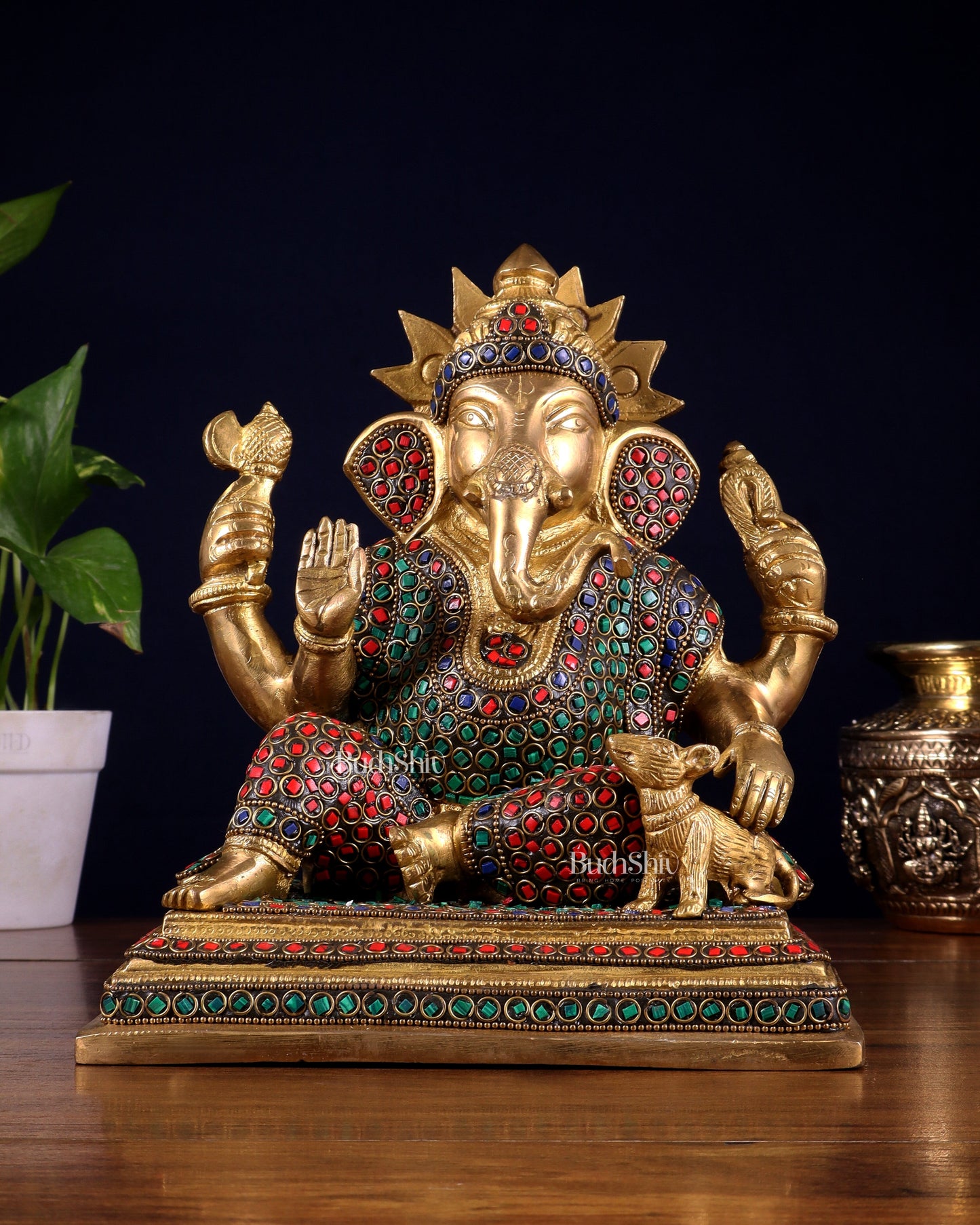 Pure Brass Ganesha with Mooshak Statue – Stonework Finish (9 Inch, 4.8 Kg)