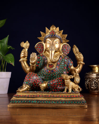 Pure Brass Ganesha with Mooshak Statue – Stonework Finish (9 Inch, 4.8 Kg)