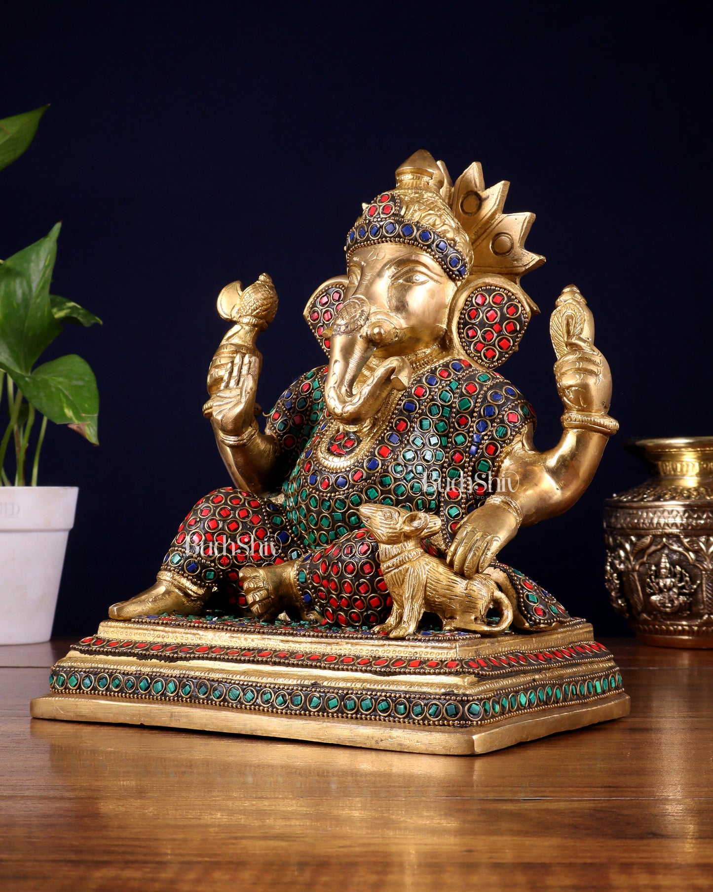 Pure Brass Ganesha with Mooshak Statue – Stonework Finish (9 Inch, 4.8 Kg)