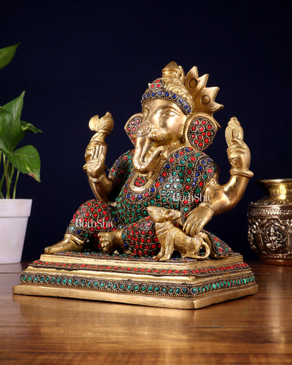 Pure Brass Ganesha with Mooshak Statue – Stonework Finish (9 Inch, 4.8 Kg)