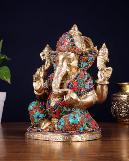 Pure Brass Unique Lord Ganesha Statue with Floral Stonework 9 inch