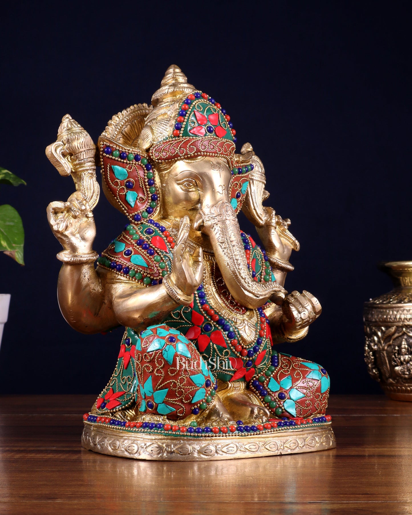 Pure Brass Unique Lord Ganesha Statue with Floral Stonework 9 inch