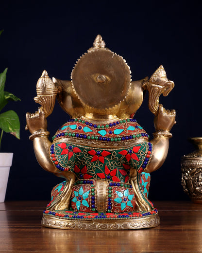 Pure Brass Unique Lord Ganesha Statue with Floral Stonework 9 inch