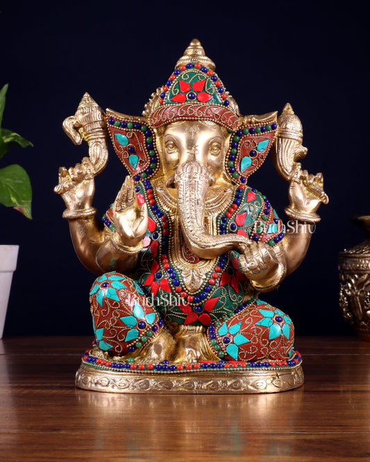 Pure Brass Unique Lord Ganesha Statue with Floral Stonework 9 inch