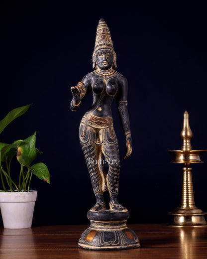 Pure Brass Bhoga Shakti Standing Uma Parvati Idol 18 inch antique patina