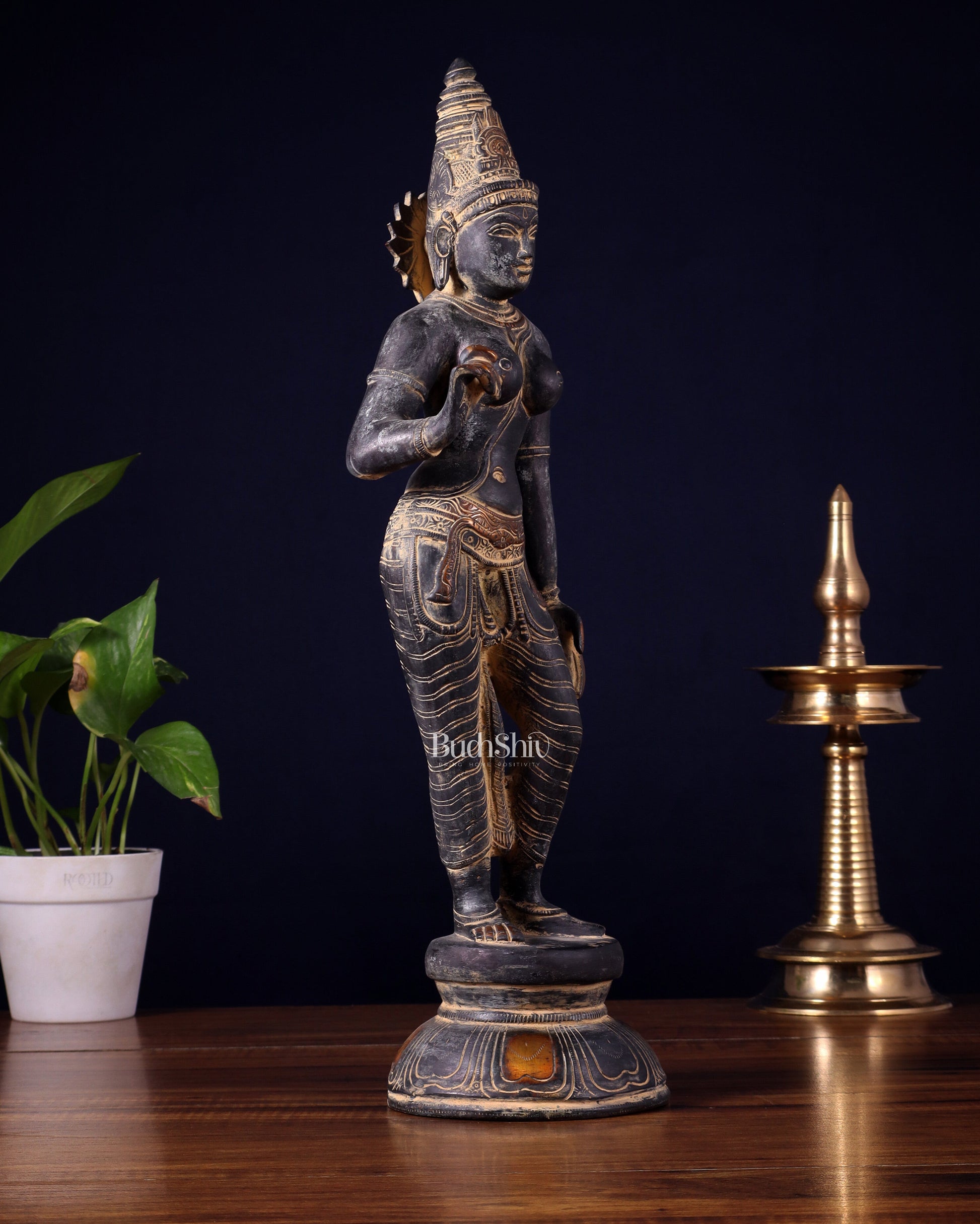 Pure Brass Bhoga Shakti Standing Uma Parvati Idol 18 inch antique patina