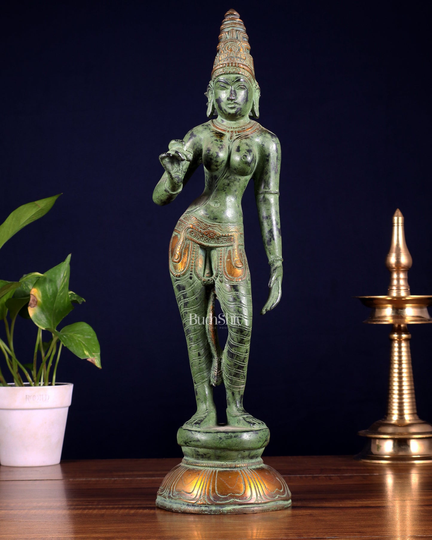 Pure Brass Bhoga Shakti Standing Uma Parvati Idol 18 inch green patina