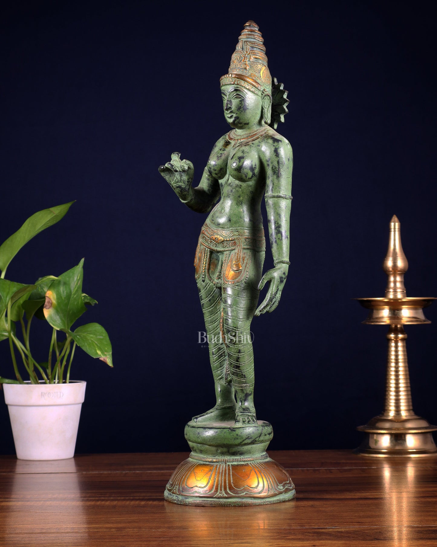 Pure Brass Bhoga Shakti Standing Uma Parvati Idol 18 inch green patina