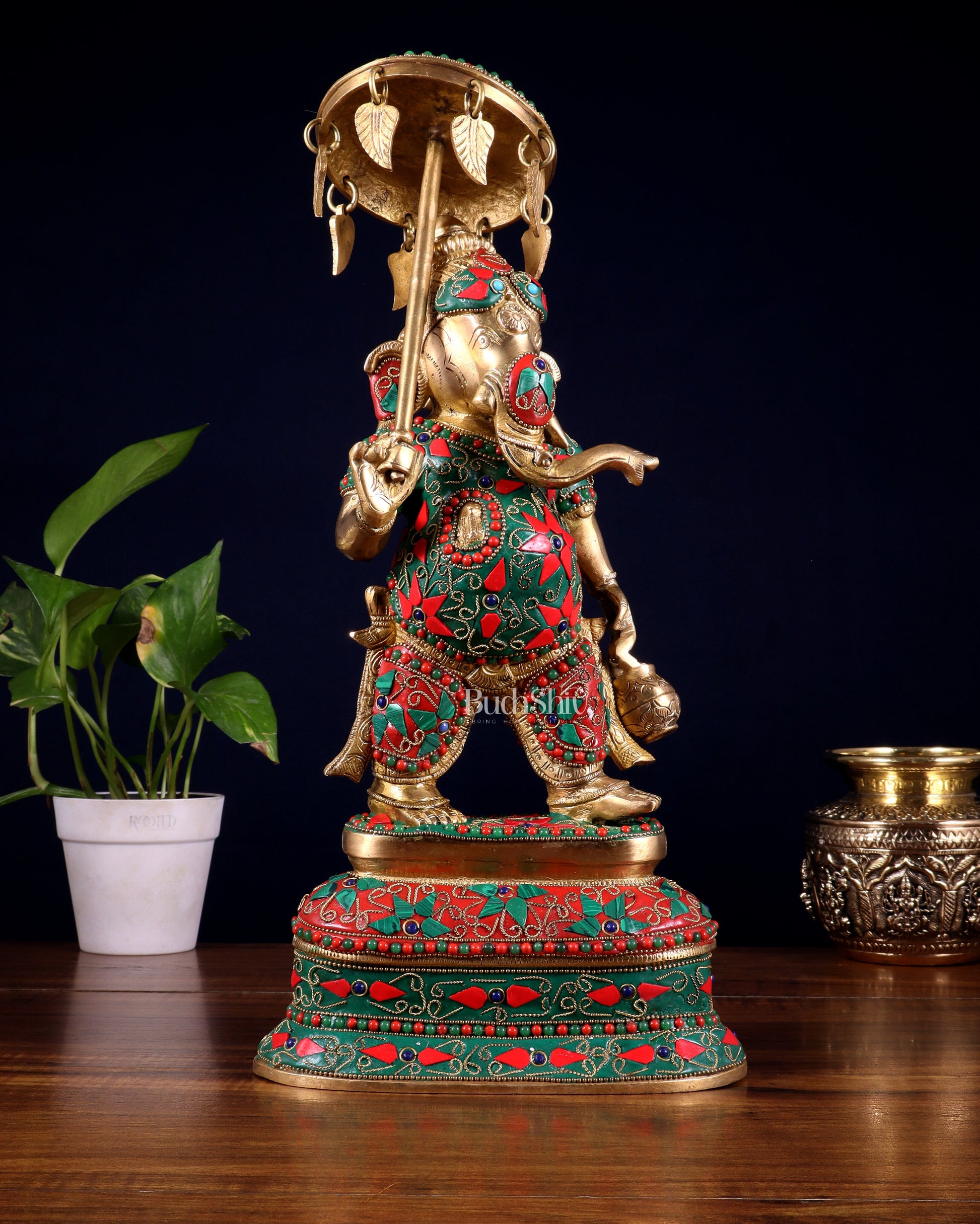 Brass Ganesha Statue with umbrella and kamandal | 15" with floral stonework